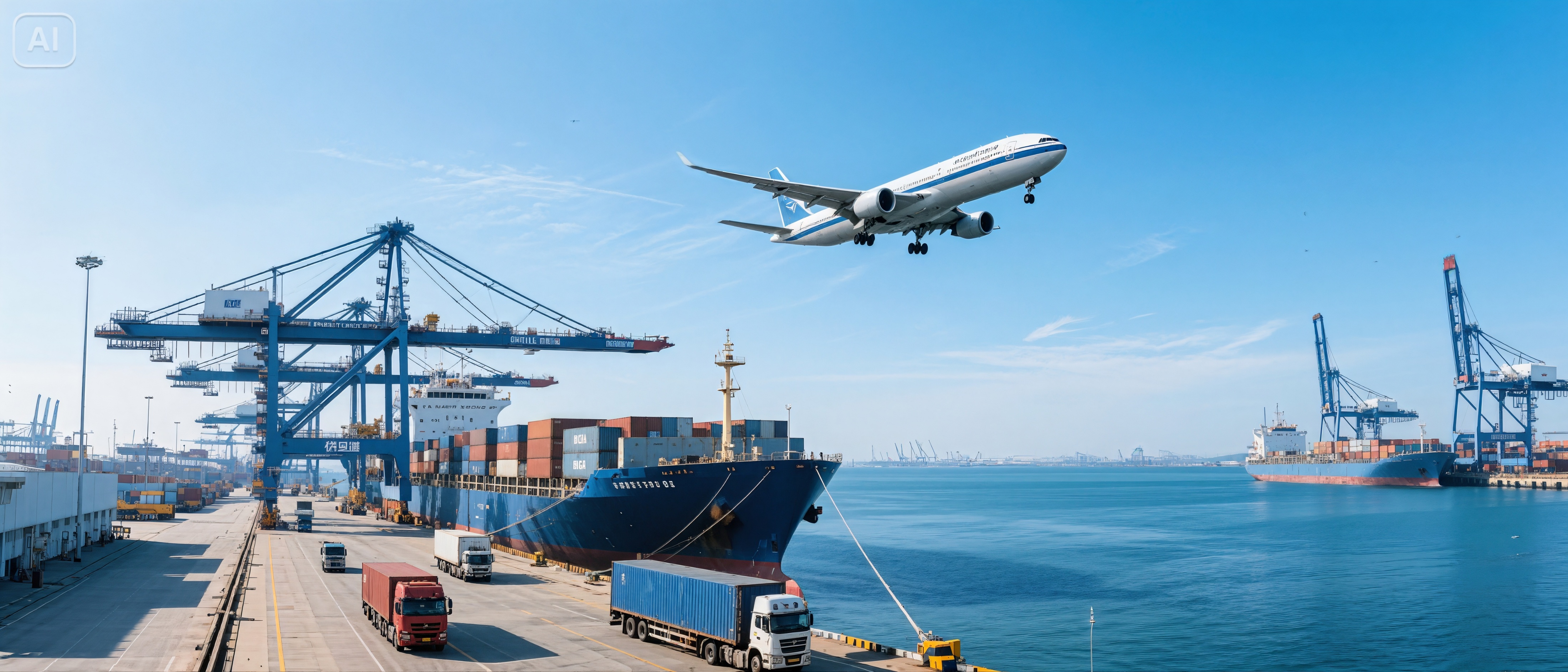 Port, vessel, truck and aircraft logistics scene